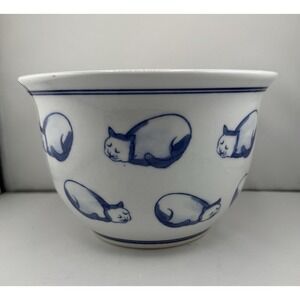 Vintage Japanese Porcelain Sleeping Cat Planter Blue White ~5"H x 7.75"D